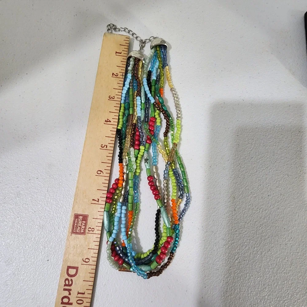 Boho Multi Strand Beaded Necklace Colorful Glass Wood Layered Bib Statement